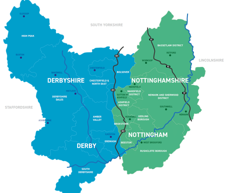Map showing both Derbyshire and Nottinghamshire, with districts, major roads and major rivers included.