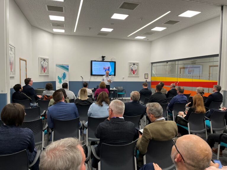 David Williams addressing an audience of business leaders at the launch of EMCCA’s Early Stage Angel Investment Fund at Derby Arena