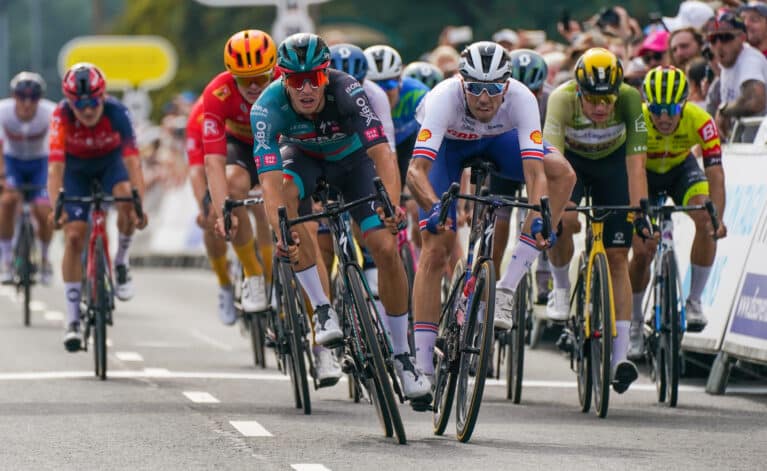 Ethan Vernon (white jersey) during the 2023 Tour of Britain (SWpix.com)